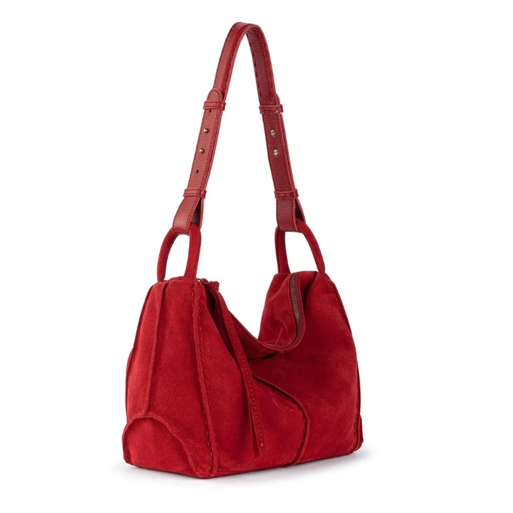 The Sak Los Feliz Scarlet Red Suede Hobo Bag Handbag Purse - Picture 3 of 16